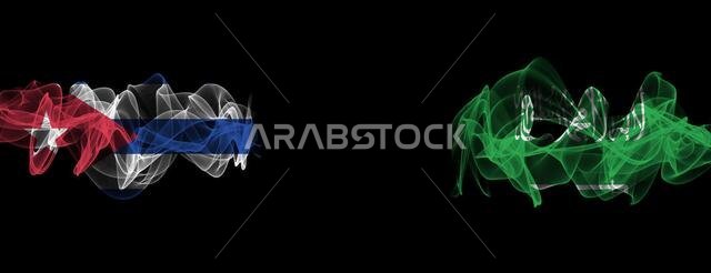 Flags of Cuba and Saudi Arabia on Black background, Cuba vs Saudi Arabia Smoke Flags