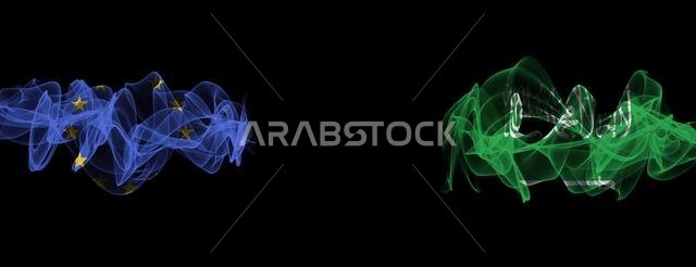 Flags of EU and Saudi Arabia on Black background, EU vs Saudi Arabia Smoke Flags