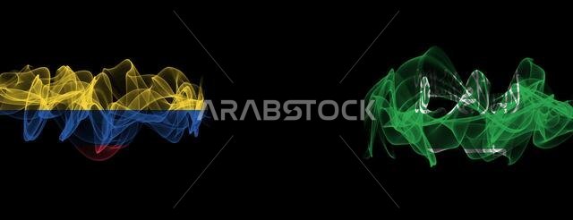 Flags of Colombia and Saudi Arabia on Black background, Colombia vs Saudi Arabia Smoke Flags