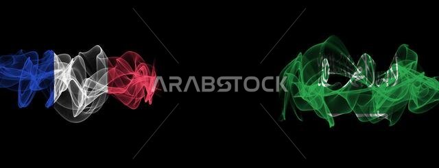 Flags of France and Saudi Arabia on Black background, France vs Saudi Arabia Smoke Flags