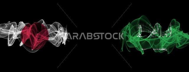 Flags of Japan and Saudi Arabia on Black background, Japan vs Saudi Arabia Smoke Flags