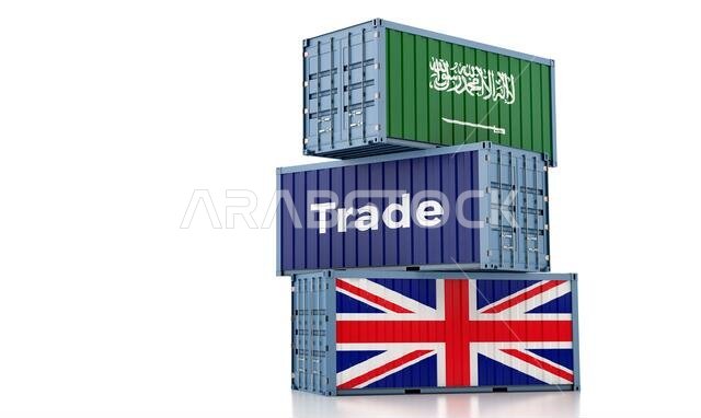 حاوية شحن تحمل علمي المملكة المتحدة والمملكة العربية السعودية. تصميم ثلاثي الأبعاد