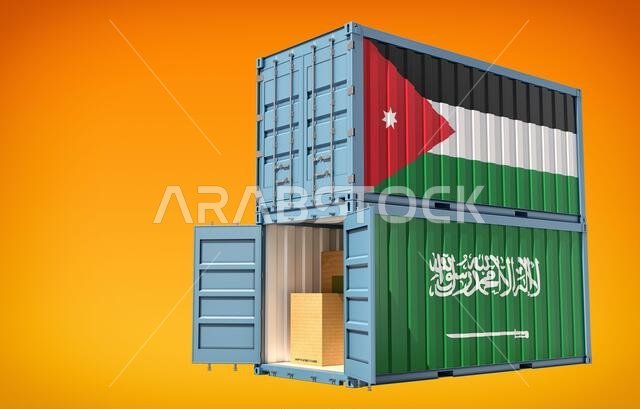 Freight container with Jordan and Saudi Arabia flag. 3D Rendering