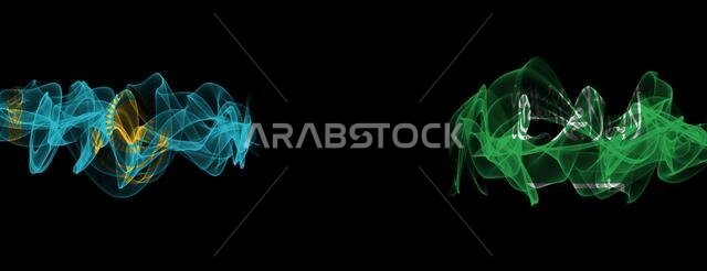 Flags of Kazakhstan and Saudi Arabia on Black background, Kazakhstan vs Saudi Arabia Smoke Flags