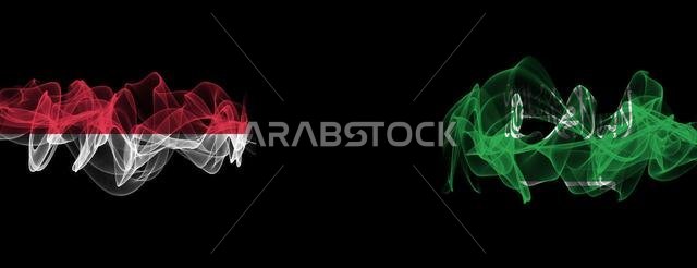 Flags of Indonesia and Saudi Arabia on Black background, Indonesia vs Saudi Arabia Smoke Flags
