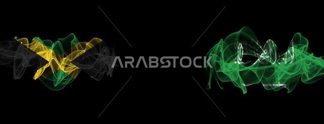 Flags of Jamaica and Saudi Arabia on Black background, Jamaica vs Saudi Arabia Smoke Flags