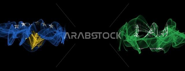 Flags of Kosovo and Saudi Arabia on Black background, Kosovo vs Saudi Arabia Smoke Flags