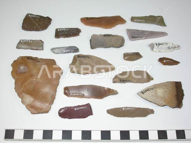 18 flint tools. Consists of 2 tabular scrapers, 3 end scrapers, 4 blades, 2 plugs, 3 spiers, 2 spear points and 2 other flint objects., Stone tool, stone, flint, largest: L 7.2 cm, W 5.9 cm, smallest: L 2.4 cm , B 1 cm., Saudi Arabia