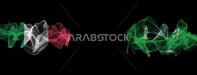 Flags of Italy and Saudi Arabia on Black background, Italy vs Saudi Arabia Smoke Flags