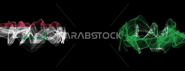Flags of Iraq and Saudi Arabia on Black background, Iraq vs Saudi Arabia Smoke Flags