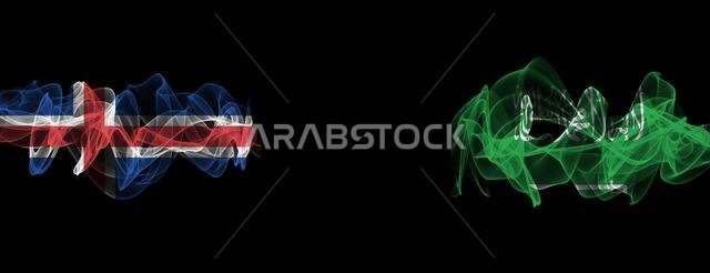 Flags of Iceland and Saudi Arabia on Black background, Iceland vs Saudi Arabia Smoke Flags