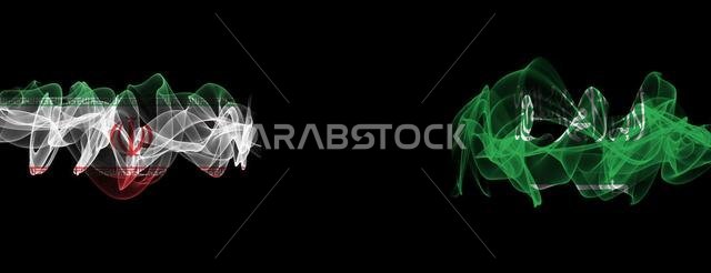Flags of Iran and Saudi Arabia on Black background, Iran vs Saudi Arabia Smoke Flags