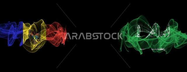 Flags of Moldova and Saudi Arabia on Black background, Moldova vs Saudi Arabia Smoke Flags