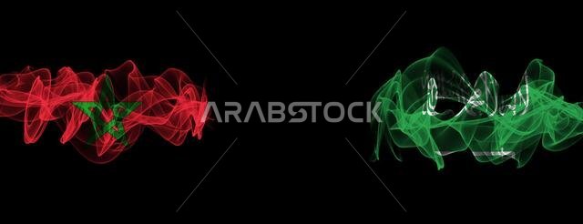 Flags of Morocco and Saudi Arabia on Black background, Morocco vs Saudi Arabia Smoke Flags
