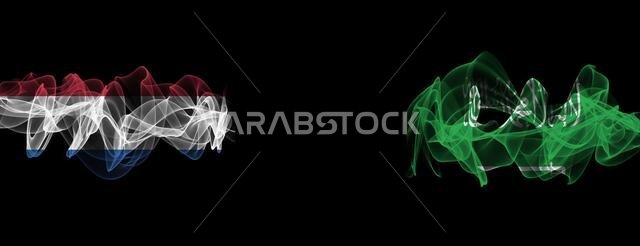 Flags of Netherlands and Saudi Arabia on Black background, Netherlands vs Saudi Arabia Smoke Flags