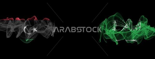 Flags of Libya and Saudi Arabia on Black background, Libya vs Saudi Arabia Smoke Flags