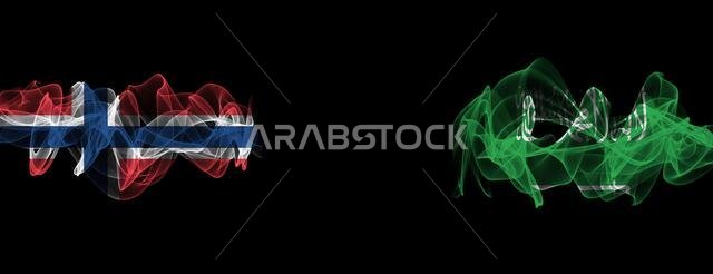 Flags of Norway and Saudi Arabia on Black background, Norway vs Saudi Arabia Smoke Flags