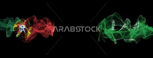 Flags of Portugal and Saudi Arabia on Black background, Portugal vs Saudi Arabia Smoke Flags