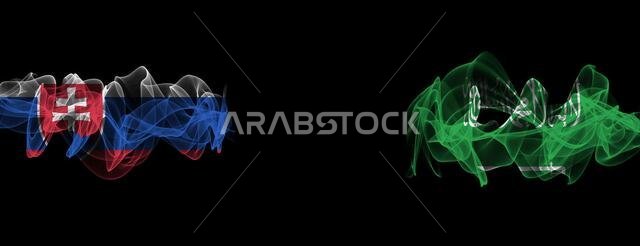 Flags of Slovakia and Saudi Arabia on Black background, Slovakia vs Saudi Arabia Smoke Flags