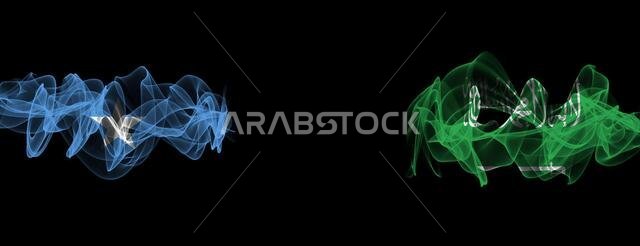 Flags of Somalia and Saudi Arabia on Black background, Somalia vs Saudi Arabia Smoke Flags