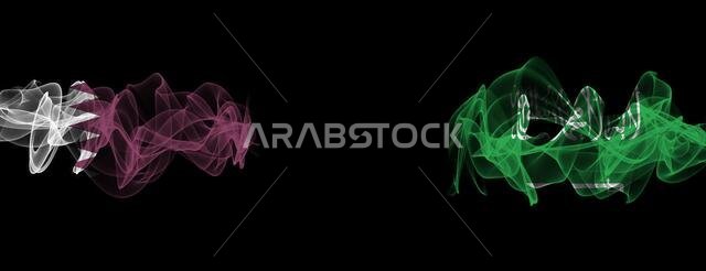 Flags of Qatar and Saudi Arabia on Black background, Qatar vs Saudi Arabia Smoke Flags