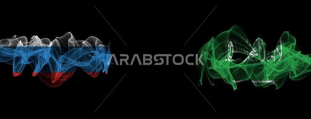 Flags of Russia and Saudi Arabia on Black background, Russia vs Saudi Arabia Smoke Flags