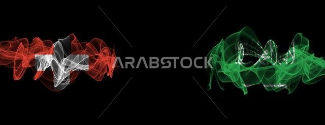 Flags of Switzerland and Saudi Arabia on Black background, Switzerland vs Saudi Arabia Smoke Flags