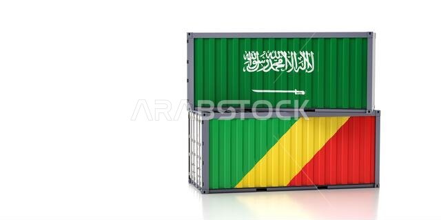 Shipping containers with Saudi Arabia and Republic of the Congo flag. 3D Rendering