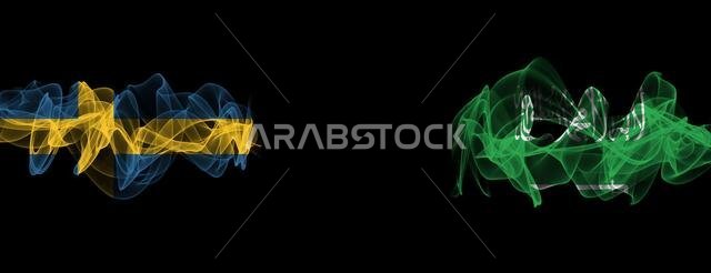 Flags of Sweden and Saudi Arabia on Black background, Sweden vs Saudi Arabia Smoke Flags