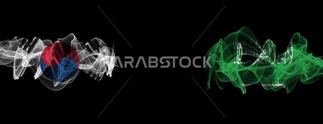 Flags of South Korea and Saudi Arabia on Black background, South Korea vs Saudi Arabia Smoke Flags