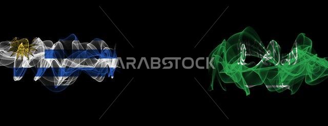 Flags of Uruguay and Saudi Arabia on Black background, Uruguay vs Saudi Arabia Smoke Flags