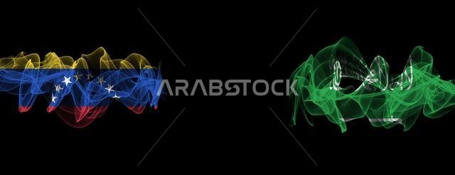 Flags of Venezuela and Saudi Arabia on Black background, Venezuela vs Saudi Arabia Smoke Flags
