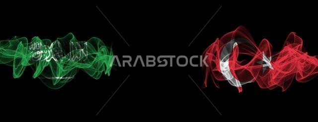 Flags of Saudi Arabia and Turkey on Black background, Saudi Arabia vs Turkey Smoke Flags