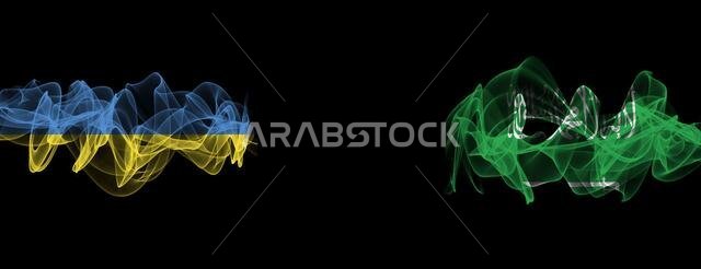 Flags of Ukraine and Saudi Arabia on Black background, Ukraine vs Saudi Arabia Smoke Flags
