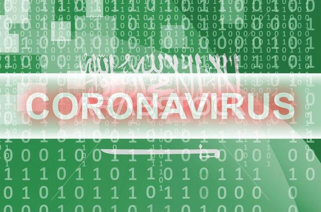علم المملكة العربية السعودية وتكوين رقمي تجريدي مستقبلي مع كتابة بيضاء لفيروس كورونا. مفهوم تفشي فيروس كوفيد-19