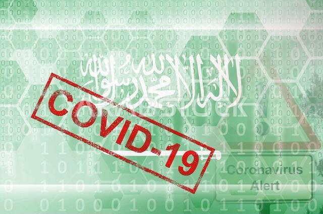 Saudi Arabia flag and futuristic digital abstract composition with Covid-19 inscription. Coronavirus outbreak concept