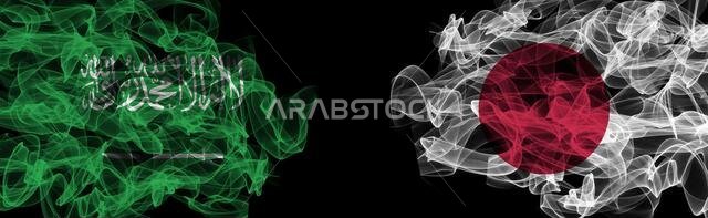 Flags of Saudi Arabia and Japan on Black background, Saudi Arabia vs Japan Smoke Flags