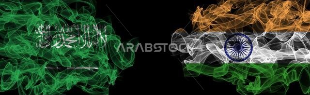 Flags of Saudi Arabia and India on Black background, Saudi Arabia vs India Smoke Flags