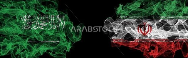 Flags of Saudi Arabia and Iran on Black background, Saudi Arabia vs Iran Smoke Flags