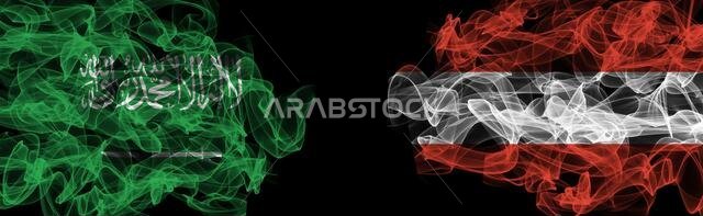Flags of Saudi Arabia and Austria on Black background, Saudi Arabia vs Austria Smoke Flags