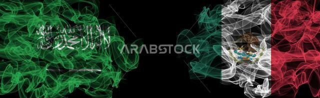 Flags of Saudi Arabia and Mexico on Black background, Saudi Arabia vs Mexico Smoke Flags