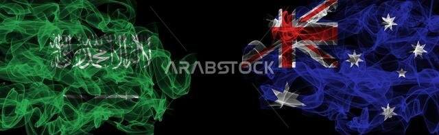 Flags of Saudi Arabia and Australia on Black background, Saudi Arabia vs Australia Smoke Flags