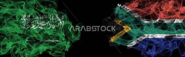 أعلام المملكة العربية السعودية وجنوب أفريقيا على خلفية سوداء، أعلام دخانية للمملكة العربية السعودية ضد جنوب أفريقيا