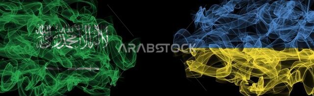 Flags of Saudi Arabia and Ukraine on Black background, Saudi Arabia vs Ukraine Smoke Flags