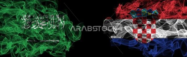 Flags of Saudi Arabia and Croatia on Black background, Saudi Arabia vs Croatia Smoke Flags