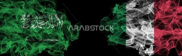 Flags of Saudi Arabia and Italy on Black background, Saudi Arabia vs Italy Smoke Flags