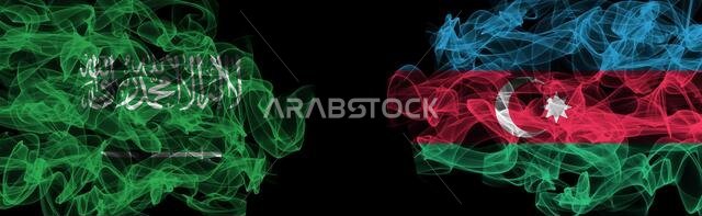 Flags of Saudi Arabia and Azerbaijan on Black background, Saudi Arabia vs Azerbaijan Smoke Flags