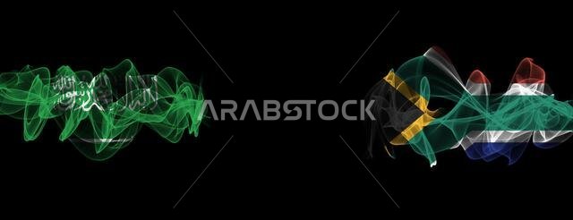 أعلام المملكة العربية السعودية وجنوب أفريقيا على خلفية سوداء، أعلام دخانية للمملكة العربية السعودية ضد جنوب أفريقيا