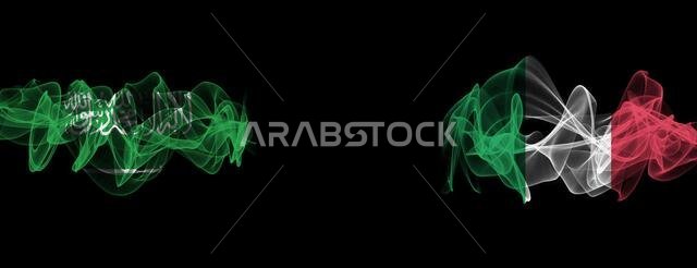 Flags of Saudi Arabia and Italy on Black background, Saudi Arabia vs Italy Smoke Flags