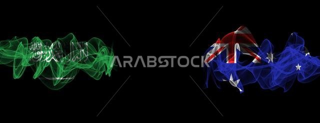 Flags of Saudi Arabia and Australia on Black background, Saudi Arabia vs Australia Smoke Flags